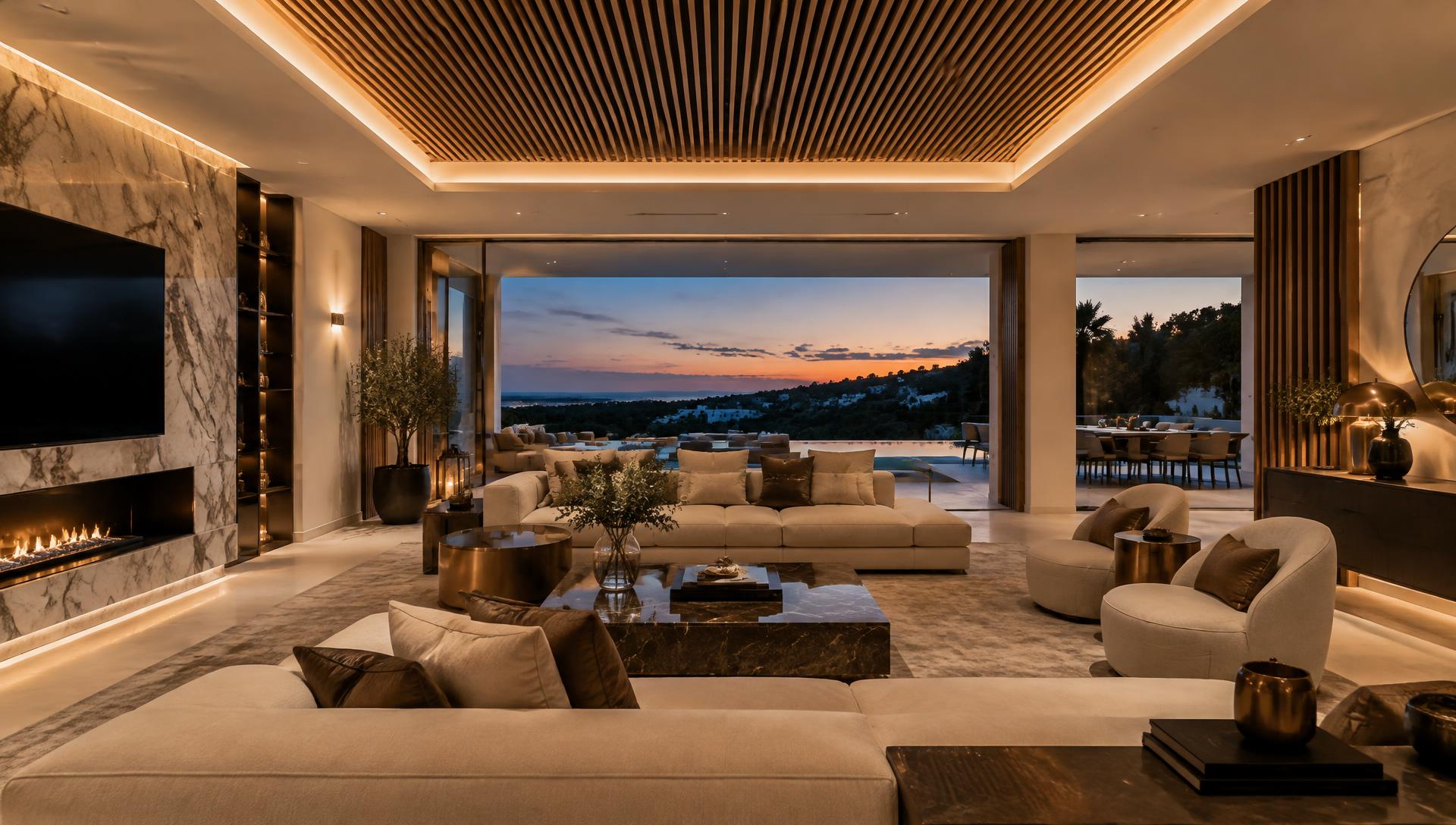 Living room with lit slatted feature ceiling