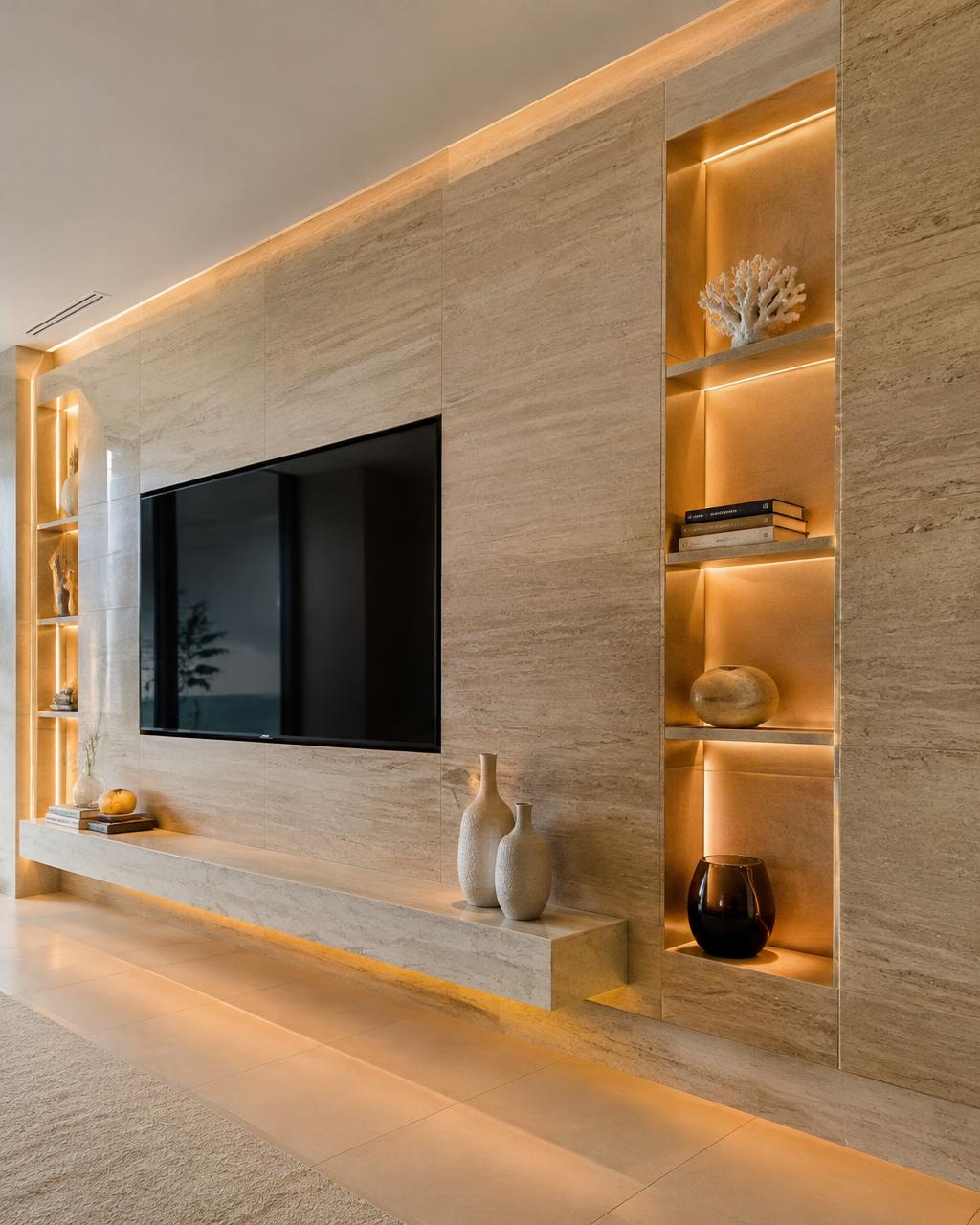 Travertine media wall with lit niches